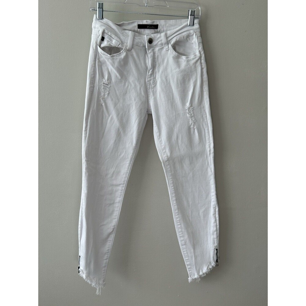 KanCan Jeans Junior's 5/26 Mid Rise White Zip Ankle Skinny Distressed Raw Hem